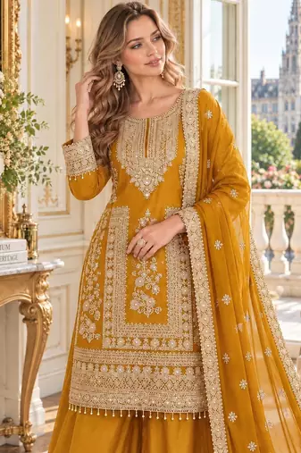mustard chinon readymade suit with embroidery & sequence work