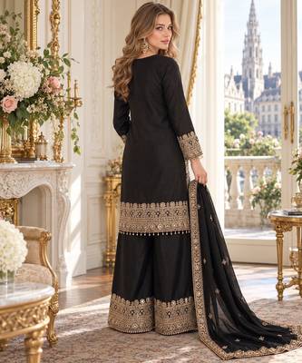 black chinon readymade suit with embroidery & sequence work 3