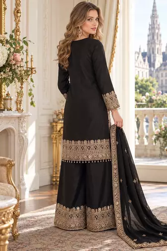 black chinon readymade suit with embroidery & sequence work