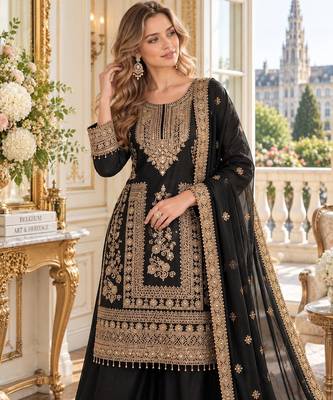 black chinon readymade suit with embroidery & sequence work 4