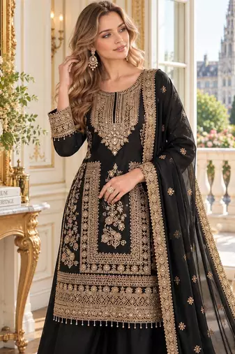 black chinon readymade suit with embroidery & sequence work