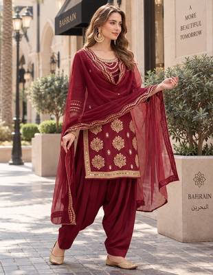 maroon silk blend unstitched suit with embroidery & mirror work 2