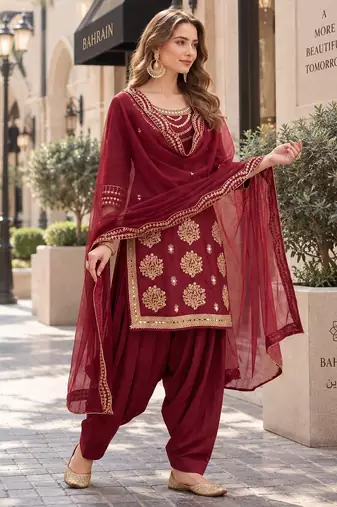 maroon silk blend unstitched suit with embroidery & mirror work