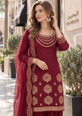 maroon silk blend unstitched suit with embroidery & mirror work 3