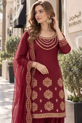 maroon silk blend unstitched suit with embroidery & mirror work
