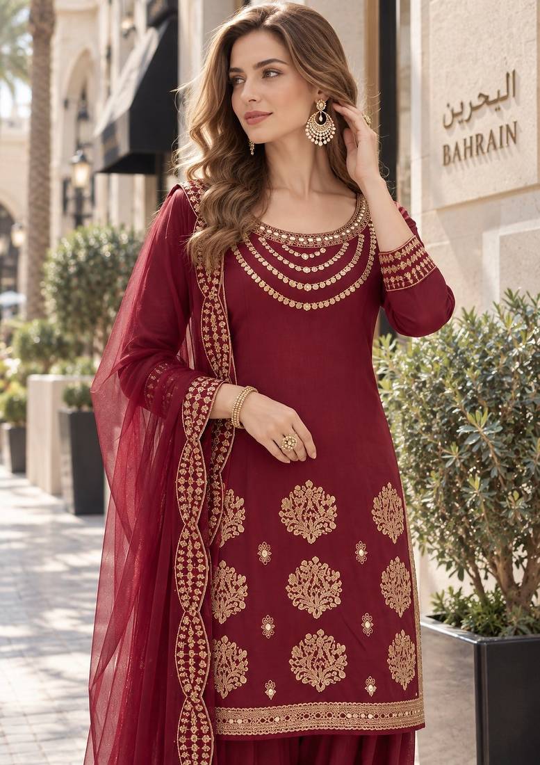 maroon silk blend unstitched suit with embroidery & mirror work