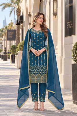 teal silk blend unstitched suit with embroidery & mirror work 3