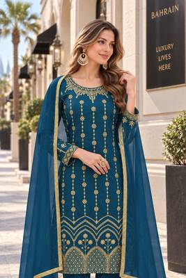 teal silk blend unstitched suit with embroidery & mirror work 4