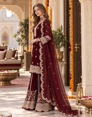 maroon silk blend  readymade suit with embroidery & sequence work 3