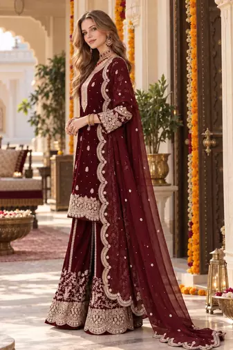 maroon silk blend  readymade suit with embroidery & sequence work