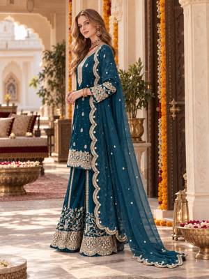 teal silk blend readymade suit with embroidery & sequence work 3