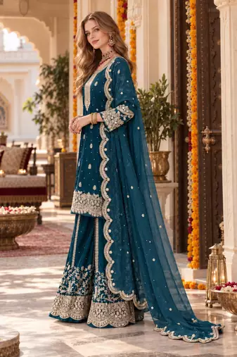 teal silk blend readymade suit with embroidery & sequence work