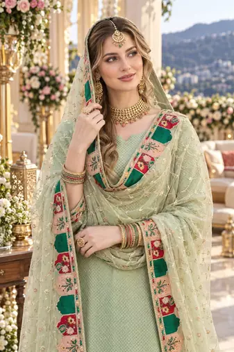 green georgette stitched semi stitched suit with embroidery & sequence work