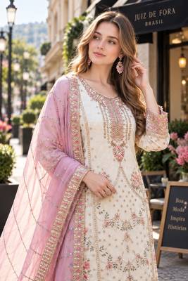 white fox georgette semi stitched suit with embroidery & khatli work 2