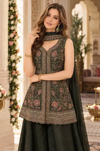 mehendi georgette readymade suit with multi embroidery & sequence work