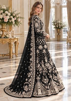 black net semi stitched anarkali suit with embroidery & stone work 2