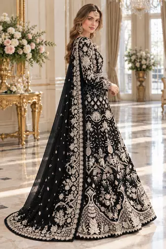 black net semi stitched anarkali suit with embroidery & stone work
