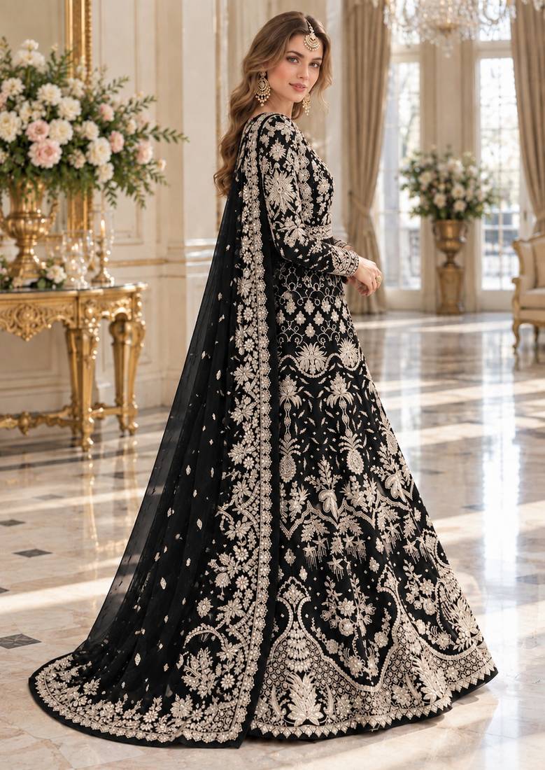 black net semi stitched anarkali suit with embroidery & stone work