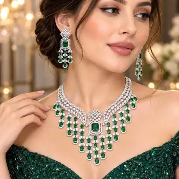 Emerald Green CZ Bridal Necklace Earrings Set, Indian Wedding Jewelry 1