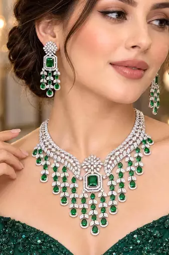 Emerald Green CZ Bridal Necklace Earrings Set, Indian Wedding Jewelry