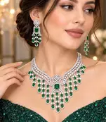 Emerald Green CZ Bridal Necklace Earrings Set, Indian Wedding Jewelry
