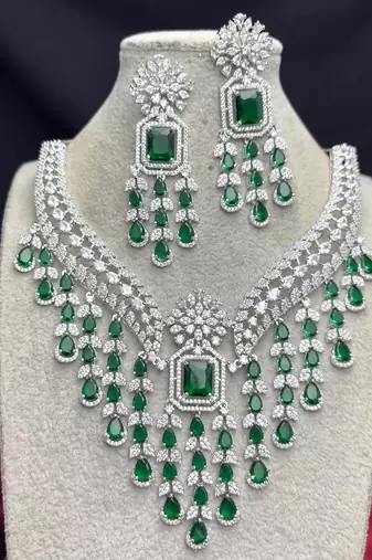 Emerald Green CZ Bridal Necklace Earrings Set, Indian Wedding Jewelry