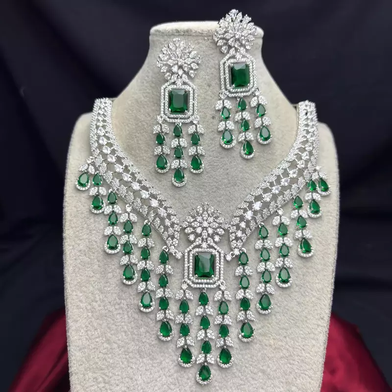 Emerald Green CZ Bridal Necklace Earrings Set, Indian Wedding Jewelry