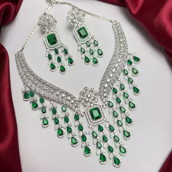 Emerald Green CZ Bridal Necklace Earrings Set, Indian Wedding Jewelry 3