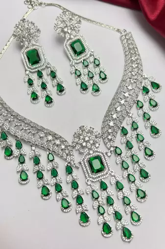 Emerald Green CZ Bridal Necklace Earrings Set, Indian Wedding Jewelry