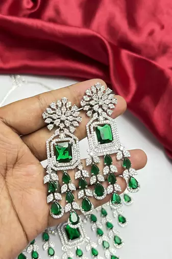 Emerald Green CZ Bridal Necklace Earrings Set, Indian Wedding Jewelry