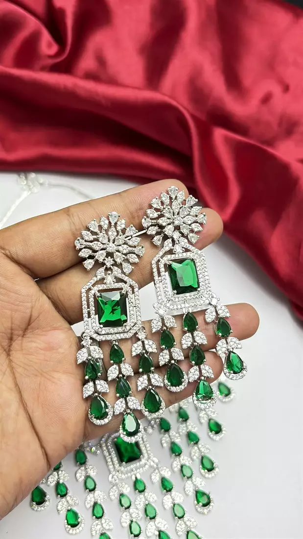 Emerald Green CZ Bridal Necklace Earrings Set, Indian Wedding Jewelry