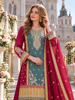 blue chinon semi stitched suit with embroidery sequence work 2