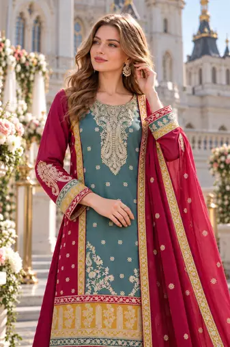 blue chinon semi stitched suit with embroidery sequence work