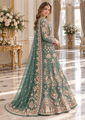 sky net semi stitched anarkali suit with embroidery & stone work 2