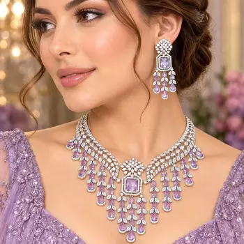 Lavender CZ Bridal Necklace Set, Indian Wedding Jewelry, Crystal Choker Earrings 1