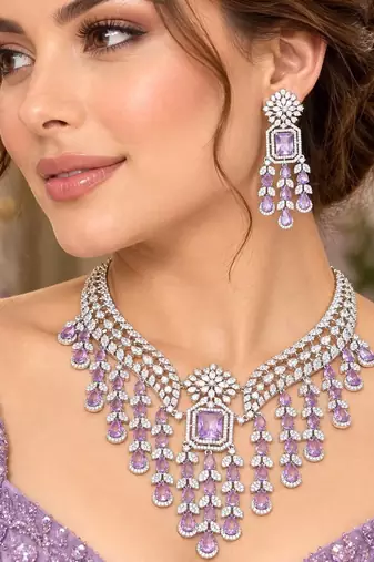 Lavender CZ Bridal Necklace Set, Indian Wedding Jewelry, Crystal Choker Earrings