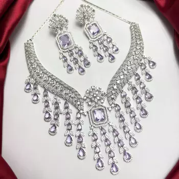 Lavender CZ Bridal Necklace Set, Indian Wedding Jewelry, Crystal Choker Earrings 2