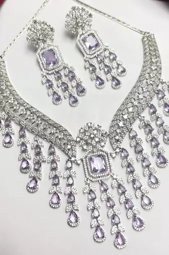 Lavender CZ Bridal Necklace Set, Indian Wedding Jewelry, Crystal Choker Earrings