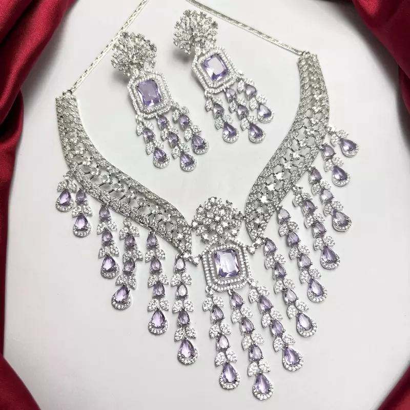 Lavender CZ Bridal Necklace Set, Indian Wedding Jewelry, Crystal Choker Earrings