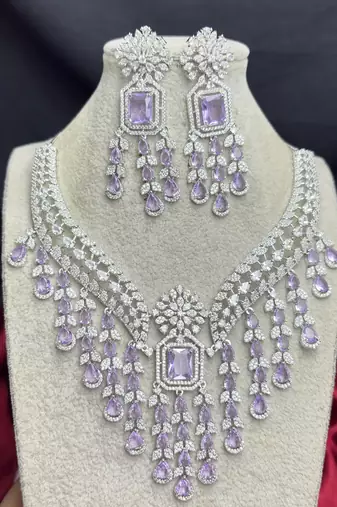 Lavender CZ Bridal Necklace Set, Indian Wedding Jewelry, Crystal Choker Earrings