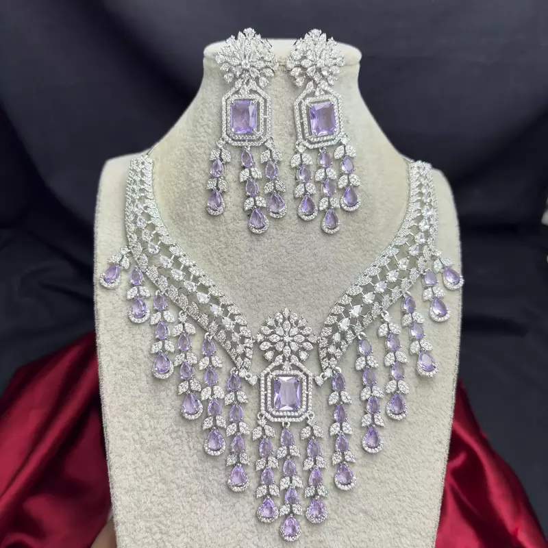 Lavender CZ Bridal Necklace Set, Indian Wedding Jewelry, Crystal Choker Earrings