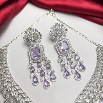 Lavender CZ Bridal Necklace Set, Indian Wedding Jewelry, Crystal Choker Earrings 4