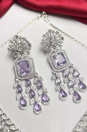 Lavender CZ Bridal Necklace Set, Indian Wedding Jewelry, Crystal Choker Earrings