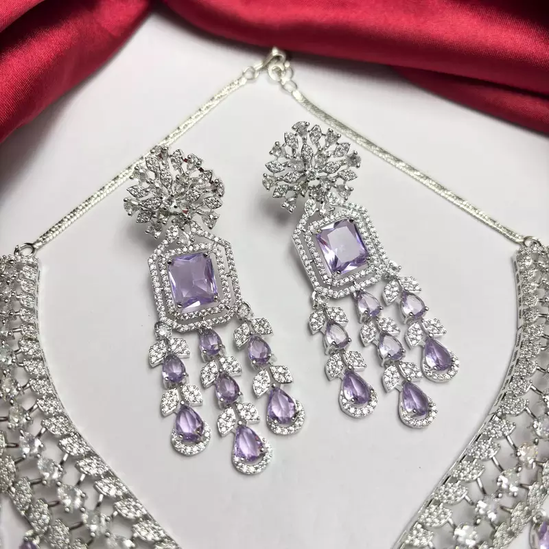 Lavender CZ Bridal Necklace Set, Indian Wedding Jewelry, Crystal Choker Earrings