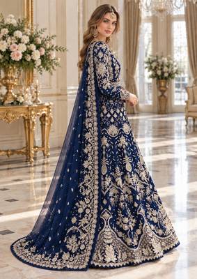 navy net semi stitched anarkali suit with embroidery & stone work 2