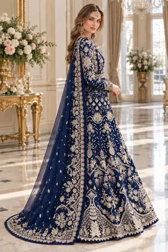 navy net semi stitched anarkali suit with embroidery & stone work