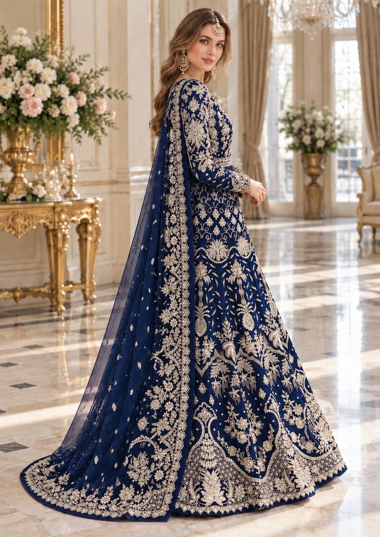 navy net semi stitched anarkali suit with embroidery & stone work