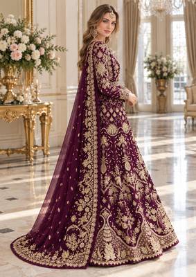 wine net semi stitched anarkali suit with embroidery & stone work 2