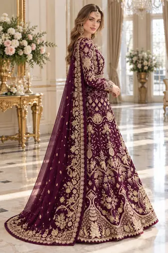 wine net semi stitched anarkali suit with embroidery & stone work