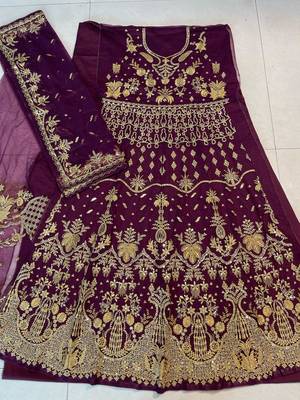 wine net semi stitched anarkali suit with embroidery & stone work 3